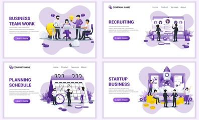 Set of web page design templates for business startup, recruiting, planning schedule, team work. Can use for web banner, poster, infographics, landing page, web template. Flat vector illustration
