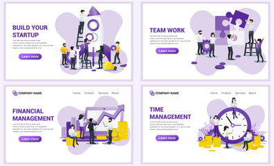 Fototapeta premium Set of web page design templates for business startup, team work, time management,. Can use for web banner, poster, infographics, landing page, web template. Flat vector illustration