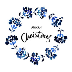 Merry Christmas text. Watercolor wreath with blue berries isolated on white background. Winter holiday illustrations for Christmas, greeting cards, invitations, blogs
