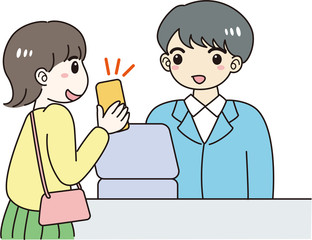 キャッシュレス　決済　スマートフォン　レジ　客　店員　会計　電子マネー