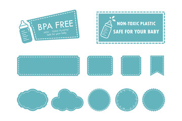 Vector set customizable label. BPA-free labels for non-toxic plastic, safe for babies. Various style labels for baby-related products.