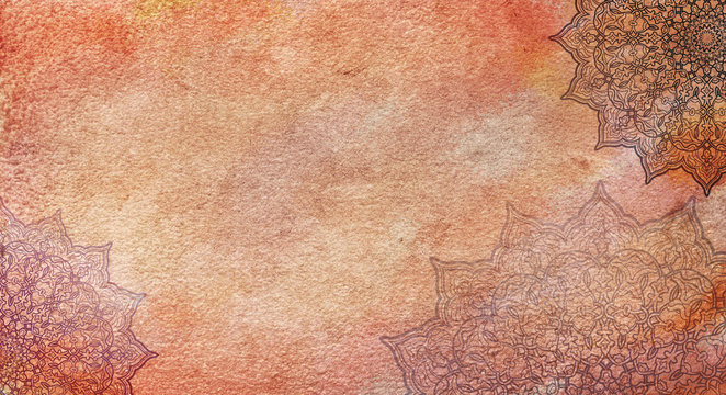 Warm eathy textured watercolor background with mandalas