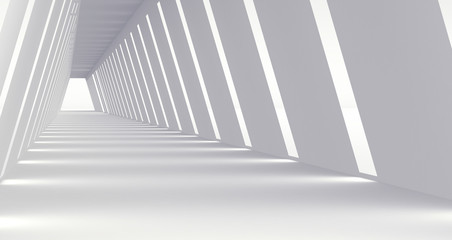  Empty Long Light Corridor. Modern white background. Futuristic Sci-Fi Triangle Tunnel. 3D Rendering 