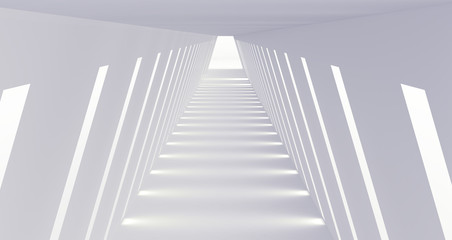 Fototapeta na wymiar Empty Long Light Corridor. Modern white background. Futuristic Sci-Fi Triangle Tunnel. 3D Rendering 