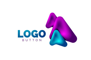 Arrow logo template. Or play or download button logotype template. Minimal geometrical design, 3d geometric bold symbol in relief style with color blend steps effect. Vector Illustration