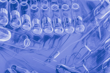 Glass medical ampoule vial for injection. Medicine is liquid sodium chloride with of aqueous...