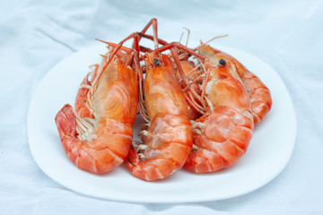 Steamed shrimp in white plate on white tablecloth.