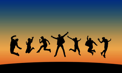 Group of people jumping  at sunset, vector silhouette.