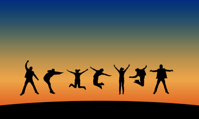 Fototapeta na wymiar Group of people jumping at sunset, vector silhouette.