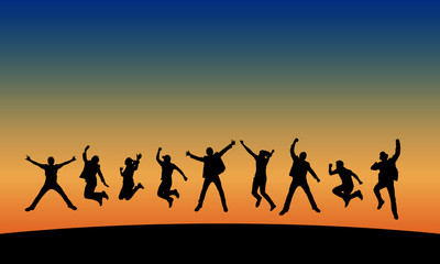 Group of people jumping  at sunset, vector silhouette.