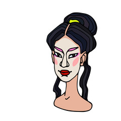 head of an asian japanese young cute brunette girl in the image of a geisha, avatar, color vector illustration with black contour lines isolated on a white background in a hand drawn and cartoon style