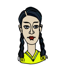 head of an asian chinese young cute brunette girl with pigtails, avatar, color vector illustration with black contour lines isolated on a white background in a hand drawn and cartoon style