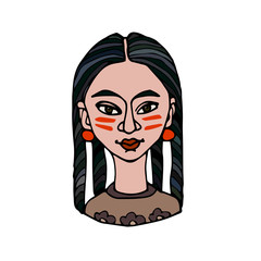head of an indian young cute brunette girl with pigtails, avatar, color vector illustration with black contour lines isolated on a white background in a hand drawn and cartoon style
