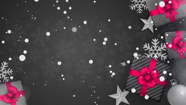 Christmas black looped abstract background with gift boxes and snowflakes
