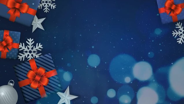 Christmas blue looped abstract background with gift boxes, snowflakes