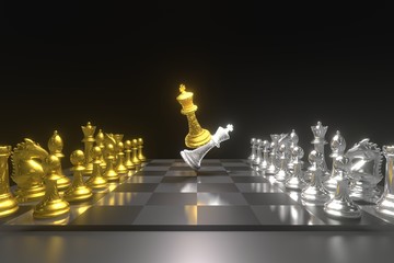 Set of chess checkmate concept .3D rendering illustration of gold-silver metallic chess figures with major and minor pieces isolated on black background . High resolution 3D render image