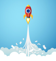 Paper art style of red rocket flying to the sky through the clouds, Start up business concept