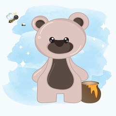 adorable brown bear and bee with honey, wallpaper and many more,animal illustration for kids project, fabric, scrapbooking, crafting