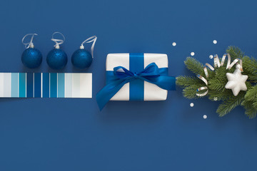 Classic Blue. Color of the Year 2020. Top view of workspace and copy space. Flatlay minimalism. New year.