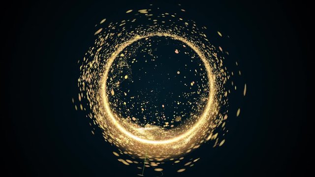 Computer generated abstract background. A chaotic stream of golden round particles and light creates a funnel or spiral. 3D rendering