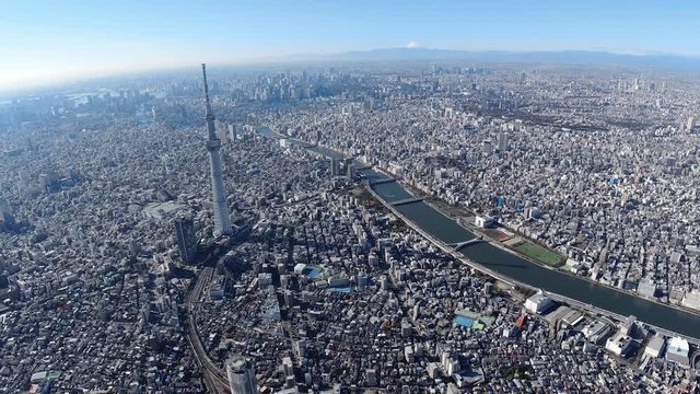東京都市風景と富士山、スカイツリーと隅田川の空撮