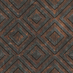 Rostige nahtlose Textur mit geometrischem Muster auf einem metallischen Oxidhintergrund, 3D-Darstellung