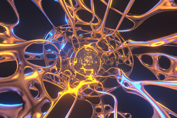 Abstract 3d rendering illustration .Organic structure network neutron metal membrane sci-fi background. 5G technology networking communication data cyber .Nanotechnology organization concept.