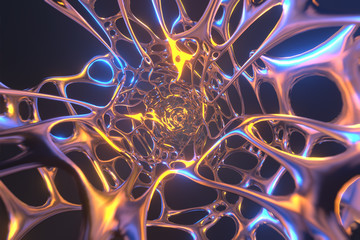Abstract 3d rendering illustration .Organic structure network neutron metal membrane sci-fi background. 5G technology networking communication data cyber .Nanotechnology organization concept.