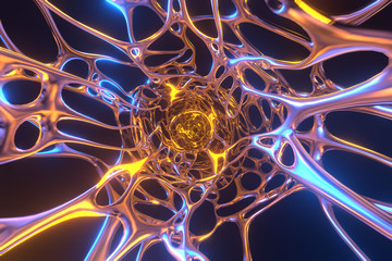 Abstract 3d rendering illustration .Organic structure network neutron metal membrane sci-fi background. 5G technology networking communication data cyber .Nanotechnology organization concept.
