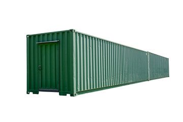 Large 40 foot length old green container on a white background with clipping path.