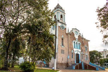 Marilia, Sao Paulo, Brazil, March 15, 2019 - View of the facade that is in the process of restoration of the Sao Bento Cathedral in central Marília, in the west center of the state of Sao Paulo.