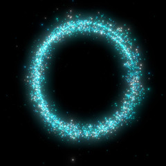 3d rendering illustration .Circle bright light Futuristic sci-fi glitter star dust with particle shiny glowing on black background. 3d image .High resolution .Banner for advertisement