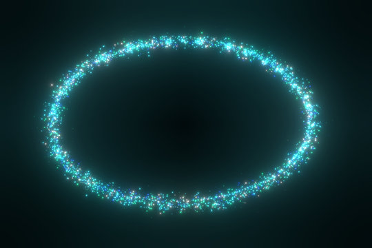 3d rendering illustration .Circle bright light Futuristic sci-fi glitter star dust with particle shiny glowing on black background. 3d image .High resolution .Banner for advertisement