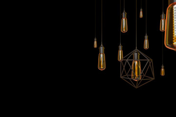 3d rendering illustration .Set of realistic edison light bulb.Vintage electric lamps glowing light bulbs isolated on black .Interior decoration elements and business idea creative thinking concept