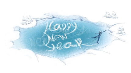 Happy New Year Background. Figure skater draws inscription 