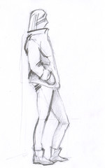 Fototapeta na wymiar Sketch of a teenager leaning against the wall