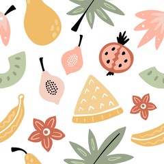 Fruits and leaves seamless pattern. Hand drawn doodle vector illustration. Pastel colored fruits and leaves on a white background. Vector for design textile and paper. 