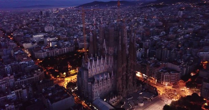 Barcelona, Spain - June 12, 2019: Temple Sagrada Familia at night from a drone. Barcelona