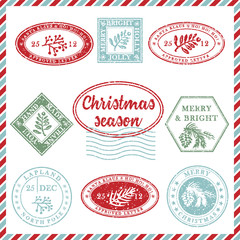Set of vintage textured grunge christmas stamp rubber with holiday symbols in red, green and blue colors. For xmas greeting card, invitations, web banner, sale flyers retro design