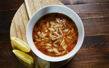 Chicken noodle soup. Delicious Turkish soup.