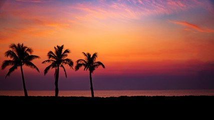Fototapeta na wymiar Silhouette Palm Trees By Sea Against Romantic Sky At Sunset