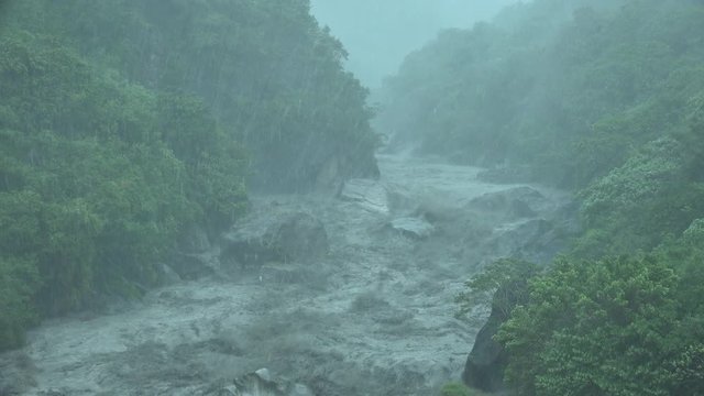 Swollen Mountain River As Torrential Rain Pours During Tropical Storm - Bailu