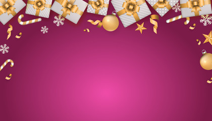 Christmas abstract pink vector background with glitter decoration elements, gift boxes and snowflakes