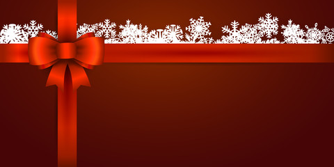 Christmas vintage vector background with red ribbon, bow and snowflakes