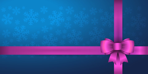 Christmas abstract vector blue background with purple ribbon, bow and snowflakes