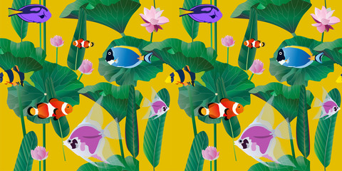 Different exotic tropical fish, algae, palm tree leaves and inflorescence of water lily. Vector illustration. Saturation yellow background. Endless pattern.