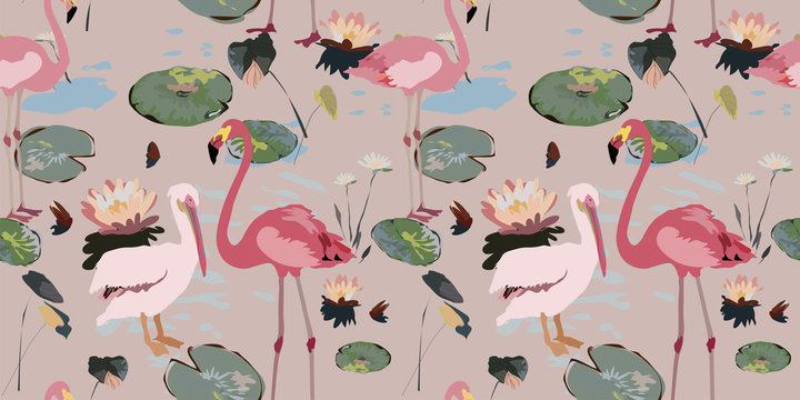 Water lilies, flamingo, pelican on a beige background. Leaves in the pond, flowers, seamless pattern, pink delicate colors, vintage vector illustration. Swamp, marsh, bog. Tropic exotic birds
