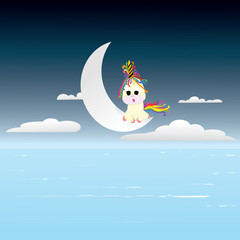Cute Unicorn siting on moon with blue sea and clound in night sky, Vector illustration design.
