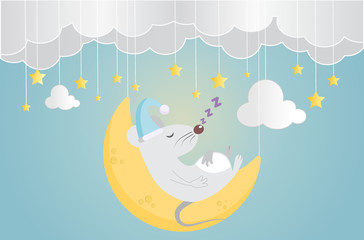 Sweet dream and Good night concept Background. Cute mouse sleep on the moon. Space for your text.