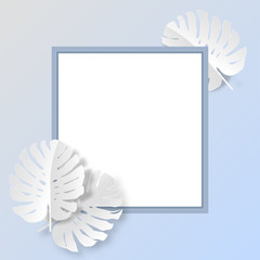Square frame with white monstera leaves pattern for nature concept,tropical leaf on monochrome gradient background,vector or illustration with paper art style